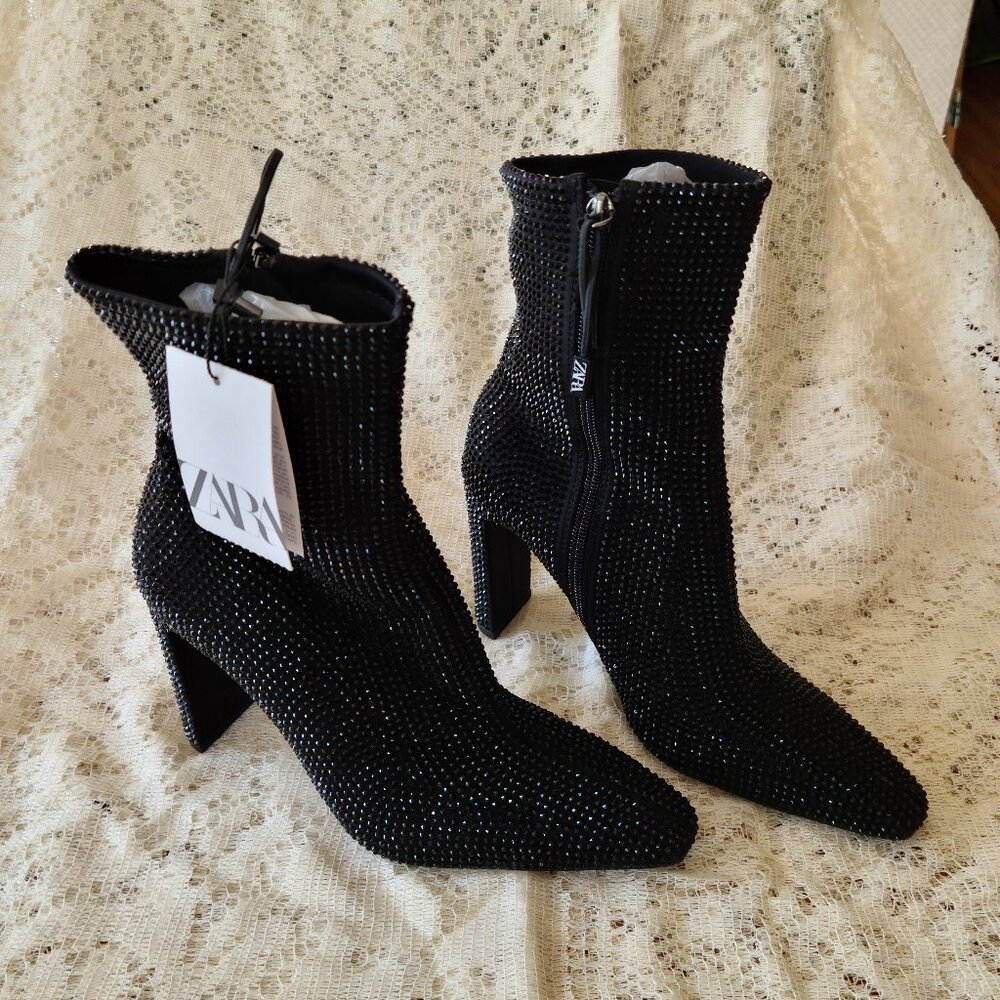 ZARA BLACK GLAM RHINESTONE HEELED ANKLE BOOTS SIZE 6 1/2 - Picture 3 of 10